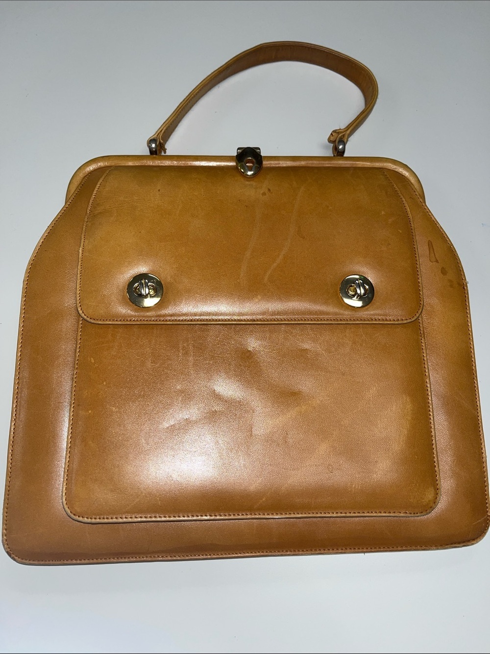 Vintage Source Unknown Caramel Brown Leather Top-Handle 2 Pocket Satchel